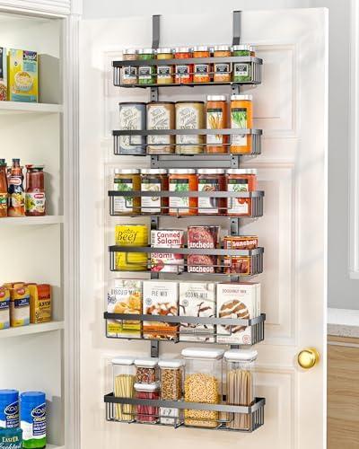 Moforoco 6 Tier Over the Door Food Storage Cabinet Organizer Black Hanging Kitchen Basket Organizer Wall Mounted Spice Rack Rear Cabinet Door Spice Rack Bathroom Home Bedroom Organizer (Black, 6-Tier)