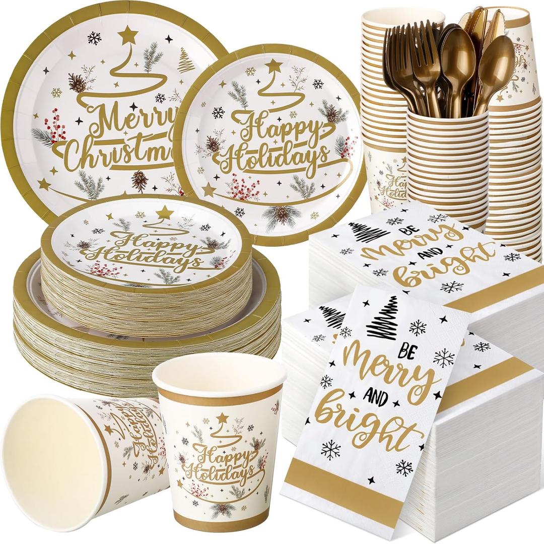 Sinmoe 400 Pcs Winter Dinnerware Set Disposable Winter Plates and Napkins Set Serve 50 Christmas Paper Dinner Plates Napkins Cup Christmas Party Supplies for Holiday (Gold, Trees)