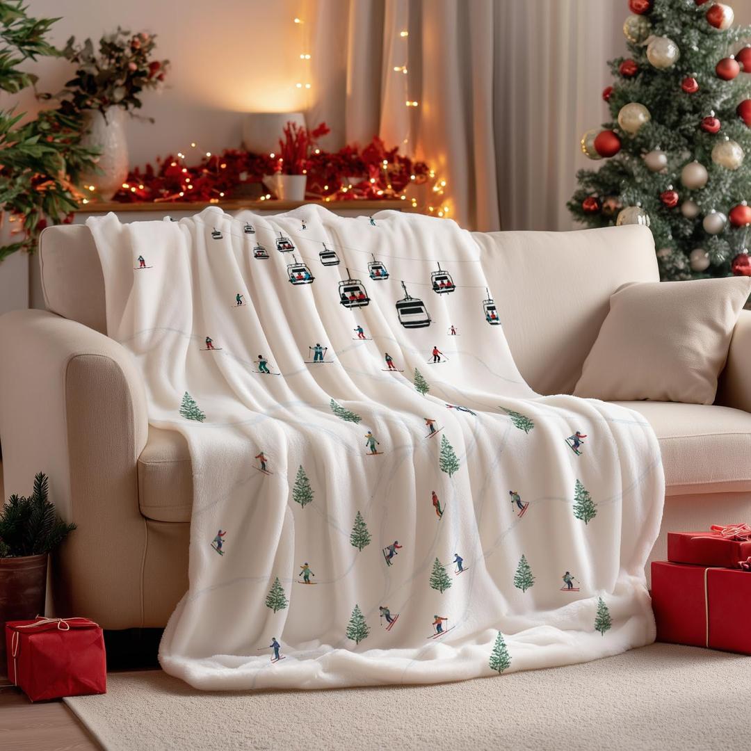 Horaldaily Christmas Flannel Blanket Throw, Ropeway Skiing Soft Fuzzy Plush Cozy Fleece Blankets for Couch Sofa Bed Lounging, Ideal Gifts for Kids Adults Wife Self, 50x60