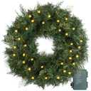 Christmas Wreath Pre-lit 24 inch with 50 Led & Cupressus Tips, Battery Operated Artificial Christmas Wreaths for Front Door with Timer Lights, Wreath for Christmas Decoration Door Windows Wall Green