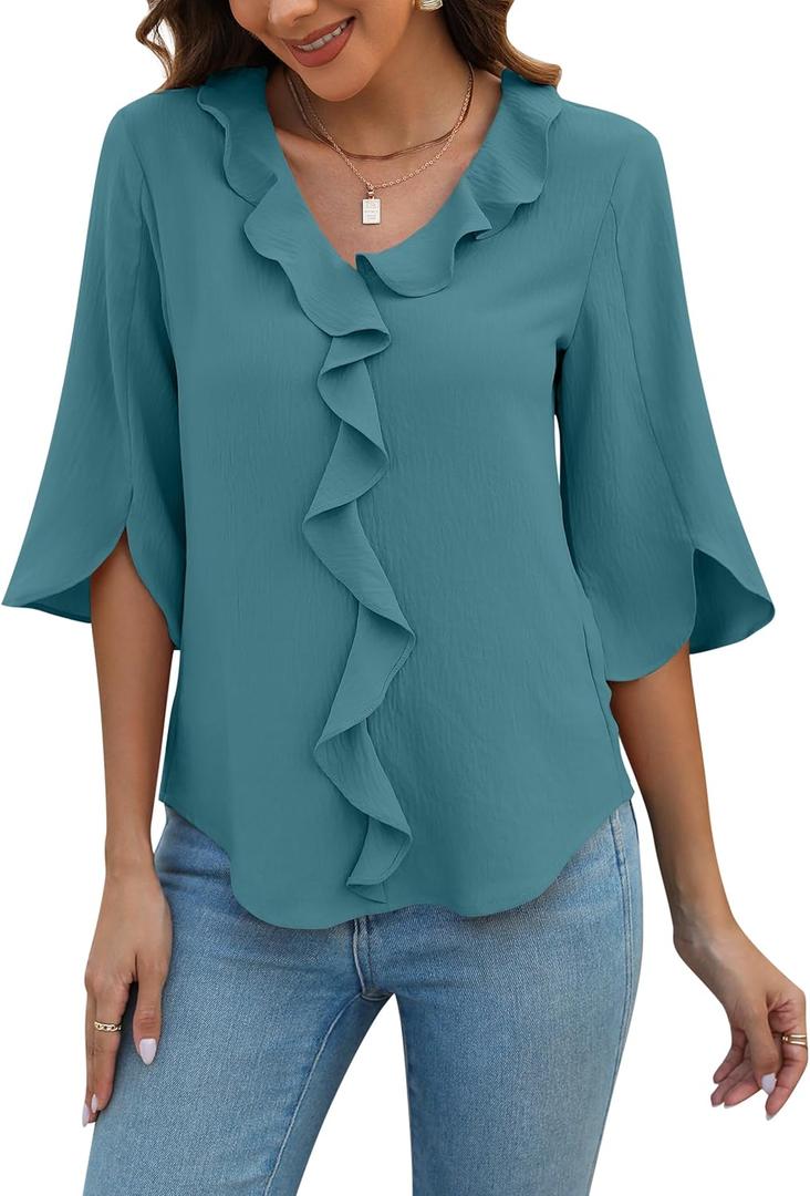 Blooming Jelly Womens Dressy Casual Blouses 3/4 Length Sleeve V Neck Ruffle Tops Business Ladies Summer 2026 Trendy Fashion Work Shirt (3X-Large, Turquoise)