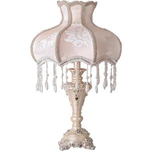 Classical Victorian Table Lamp European Style Fabric Desk Lamps with Fringe Beaded Lampshade Painted Resin Base Handmade Vintage Flower Bedside Night Light for Bedroom Living Room Office (13inch)