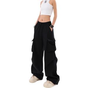 Baggy Parachute Pants for Womens Wide Leg Cargo Pants Y2k with Pockets Boyfriend Harajuku Streetwear Goth (Small, Black)