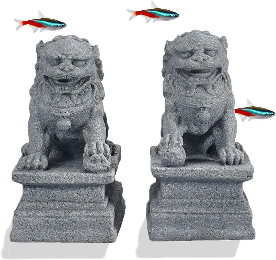 livelyfish Asian Fu Foo Dogs Statues Mini A Pair of Guardian Lion Figurine Sandstone Pets Fish Tank Aquarium Landscape Ornaments Accessories Feng Shui Decorations, A