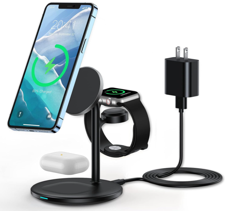 XooFly 3 in 1 Wireless Charging Station for Apple Devices, Fast Wireless MagSafe Charger Stand with 20W Adapter for iPhone 17/16 15 14 13 12 Pro Max/Pro/Plus/Air/Mini, iWatch, AirPods (Black)