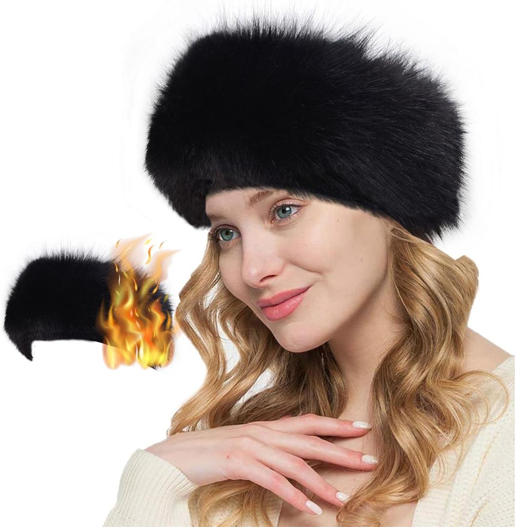 Loritta Womens Winter Headbands Faux Fur Headband Elastic Ear Warmers Furry Ear Muffs,Black (Black)