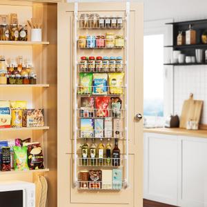 Delamu Over The Door Pantry Organizer, 8-Tier Metal Pantry Door Organization and Storage for Easy Install, Hanging Spice Rack Seasoning Shelves, Door Organizer for Kitchen, 4.65"D x 18"W x 65"H, White
