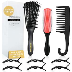 UREELIN Hair Brush set for Curly, Detangling Hair Brush for Afro America/African Hair Textured 3a to 4c, Detangler Brush for Women Men Kids Styling Defining (Black)
