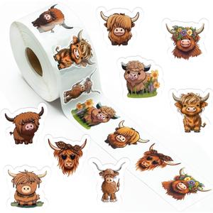800Pcs Cute Highland Cow Roll Stickers 8 Style Cartoon Hyland Cattle Decals, Water Bottle Laptop Scrapbook Luggage Decor Incentive School Classroom Rewards Gift Party Favor Supplies