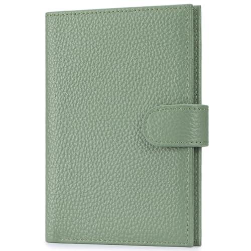 FREYAMIRA Passport Holder for Travel Women RFID Blocking Genuine Leather Passport Wallet with Card Slots, Zipper Coins Pocket, Cash Holder, Green