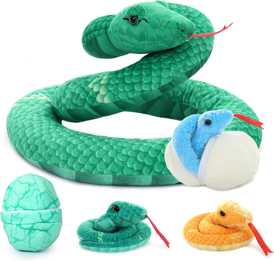 Muiteiur Giant 6 Piece Snake Stuffed Animal, 55 inch Mommy Snake with 3 Baby&2 Egg, Green Large Jungle Plush Toy, Realistic Serpent Plush Toy Gift for Kids Girls Boys