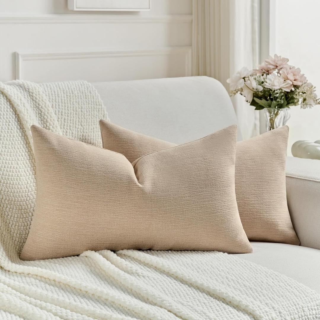 FUTEI Pack of 2 Chenille Decorative Throw Pillow Covers 12x20 Inch,Soft Cozy Faux Linen Textured Lumbar Pillow Cases,Farmhouse Home Decor for Couch Living Room, Dusky Pink