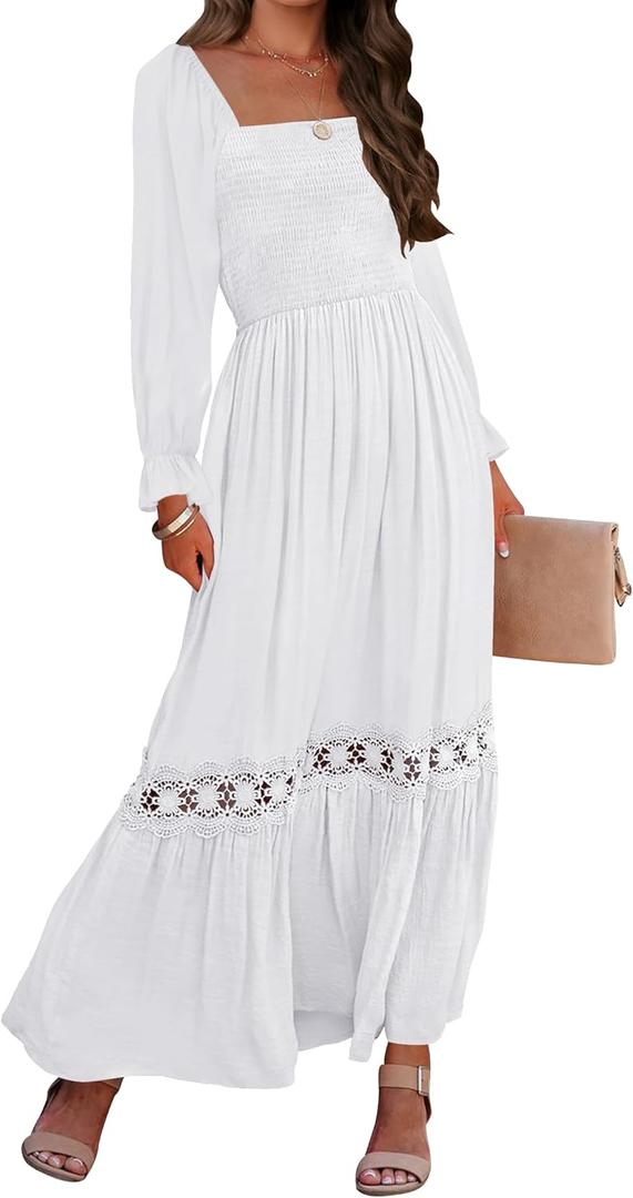 ZESICA Women's 2026 Boho Long Sleeve Square Neck Smocked High Waist Flowy A Line Lace Trim Maxi Dress (White, M)