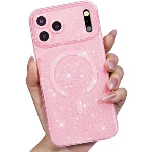 LoeoeL for iPhone 17 Pro Max Case Glitter Compatible with Magsafe, Girly Cute Sparkly Magnetic Mag Safe Pretty Phone Case for Women, Bedazzled Bling Sparkle Slim Bright Silicone Rubber, Light Pink