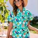 Women's Hawaiian Shirts Soft Cool Hawaiian Outfits Tropical Botanical Print Beach Vacation Clothes Summer Tops Button Up (L)