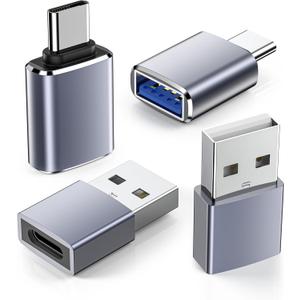 LERTOSN 4 Pack USB to USB C Adapter, USB 3.0 & USB C to USB A Adapter, OTG Converter for iPhone 16/15/14, MacBook Pro/Air 2024, Samsung S25/S24, Car Charger,Fast Data Transfer & Charging (Grey)