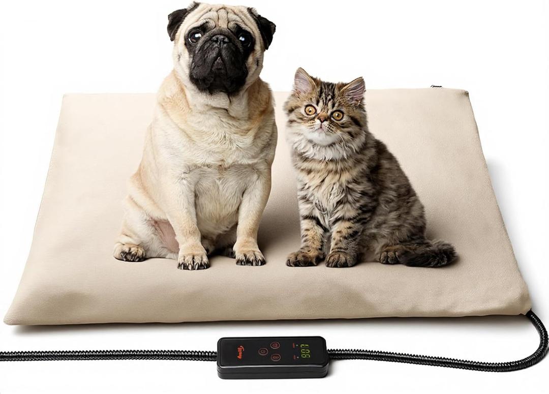 Toozey Pet Heating Pad, 6 Adjustable Temperature Dog Cat Heating Pad with Timer, Waterproof Heated Dog Bed with Chew Resistant Cord, Indoor Electric Pet Heated Mat 28x20in (Beige)