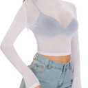 Women's Mesh Tops See Through Shirts Long Sleeve Bodycon Sheer Blouse Clubwear (White, S)