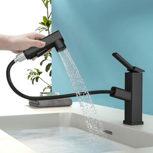 Single Hole Bathroom Faucet, Single Handle Modern Pull Out Bathroom Sink Faucet with 3 Water Flow Modes, Fountain Bathroom Faucets with Sprayer (Black, Regular)