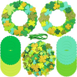 WorldBazaar St. Patricks Day Foam Wreath Craft Kits 16 Pack DIY Shamrock Foam Stickers Ornament Green Classroom Activities for Kids St Patrick Day Hanging Door Decor Arts Crafts Decoration