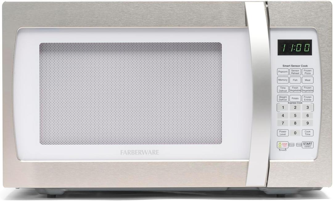 Farberware 1.3 Cu. Ft. Countertop Microwave Oven  1100 Watts Power, Smart Sensor Auto Cook Settings, Defrost, Easy Clean and Child Safety Lock - White Platinum