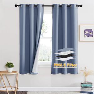 RYB HOME Soundproof Curtains for Bedroom, PM2.5 Particle Filter 100% Blackout Energy Saving Small Window Curtains for Baby Nursery Living Room Home Office, Stone Blue, W 42 x L 63 inches, 2 Pcs