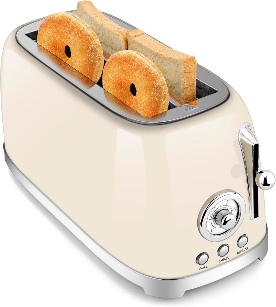 SUSTEAS Toaster 4 Slice Wide Slot, Stainless Steel Bread Bagel Toasters, Retro Long Slot Tostadora for Defrost, Reheat, Removable Crumb Tray, 1500W, 6 Browning Settings, Beige (Cream)