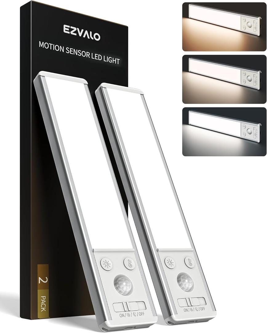 EZVALO 8" Under Cabinet Lighting, 2400mAh Rechargeable Motion Sensor Light Indoor, Mini & Slim Design, 3 Color Temps, Dimmable Magnetic Wireless Closet Lights for Kitchen, Pantry, Stairs (2 Pack) (Silver)