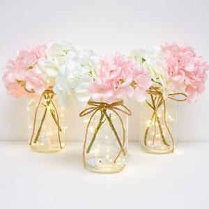 Juinte 4 Sets Mason Jar with Lights Pink and White Hydrangea Decorative Pink White Centerpieces for Tables Mason Jars Flowers Decorations LED Farmhouse Vase for Home Wedding Event Party Decor