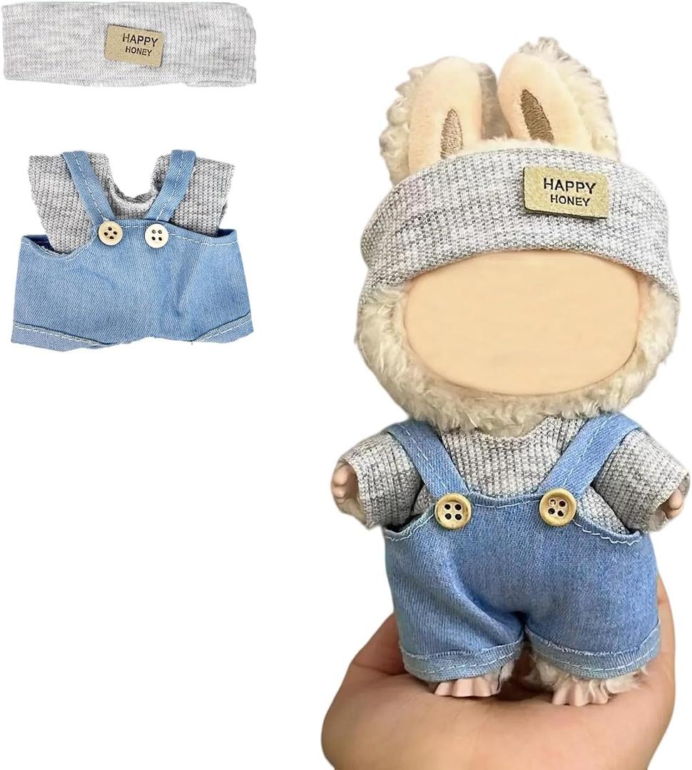 17cm Doll Clothes(NO Doll), Cute Dolls Outfit Accessories with Hat + Sweater + Suspenders Pants, Small Kawaii Clothes Set for Dolls(Style 5)