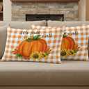Thanksgiving Pumpkin Throw Pillow Covers 12x20 Set of 2,Fall Orange Plaid Decorative Pillow Covers,Maple Leaf Sunflower Cushion Case for Sofa Couch Patio Garden Bedroom