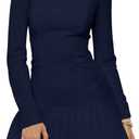 Women's Long Sleeve Mini Dress Sexy Boat Neck Pleated A-line Party Dresses (Blue, M)