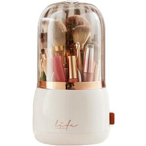 Upgrade Makeup Brush Holder Organizer with Lid, Automatic Lifting Dustproof Makeup Brushes Organizer with 4 Compartments for VanityCosmetic Storage for Dresser Countertop (White transparent)