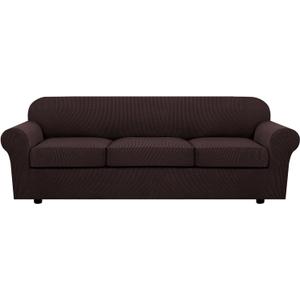 H.VERSAILTEX 4 Piece Stretch Sofa Covers for 3 Cushion Couch Covers for Living Room Furniture Slipcovers (Base Cover Plus 3 Seat Cushion Covers) Upgraded Thicker Jacquard Fabric (XL Sofa, Chocolate)