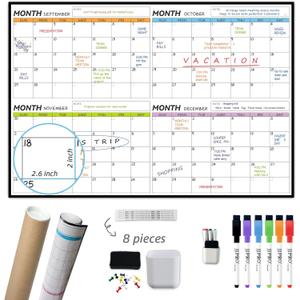 JJPRO Dry Erase 4 Month Wall Calendar - 38x26 Inches - Blank Undated 4 Month Dry Erase Calendar for Wall-Premium Laminated Whiteboard Planner-Reusable 4 Month Jumbo Office Calendar