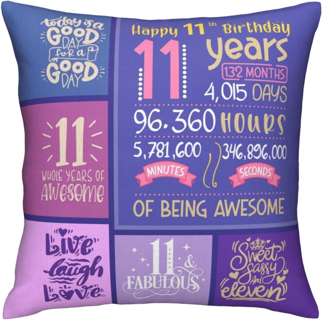 11 Year Old Girl Birthday Gifts Ideas - Birthday Gifts for 11 Year Old Girls - 11th Birthday Decorations for Girls - 11 yr Old Girl Birthday Gifts Throw Pillow Covers 18 x 18 inch