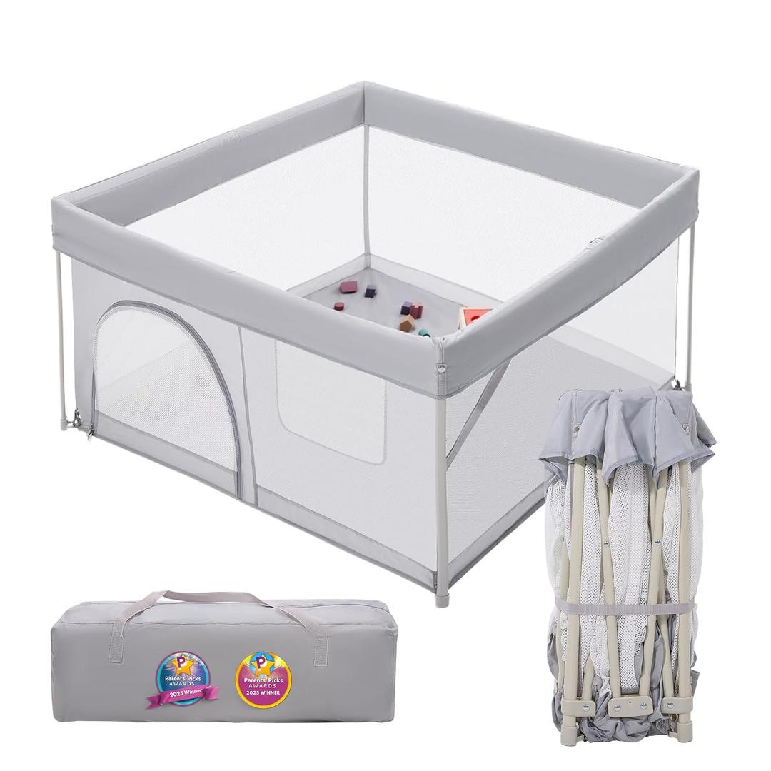 BABELIO Foldable Baby Playpen 46"  46", Portable Playard for Babies and Toddlers, Parents' Picks Awards Winner, No Assembly Required, Indoor & Outdoor Kids Safety Play Pen Area, Travel Fence, Grey