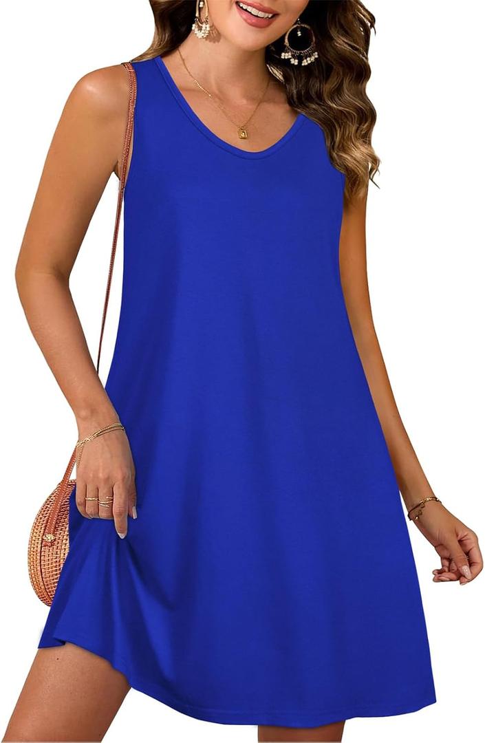 CHICGAL Womens Summer Dresses Casual Sleeveless Loose T Shirt V Neck Sundress Swing Beach Cover Up with Pockets (Large, Royal Blue)