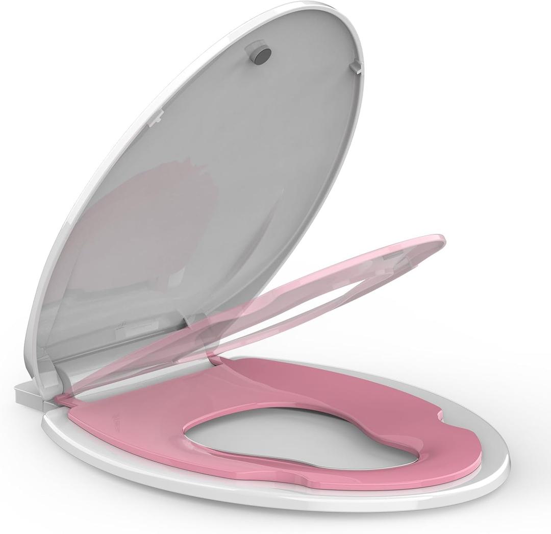 19" Elongated Pink Toilet Seat with Built-In Toddler Potty Training Seat, No Wiggle Design for Child and Adult, Easy to Install with Detachable Seat for Longtime Usage