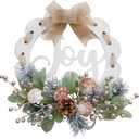 idyllic 16 Inch White Wooden Welcome Wreath for Front Door- Handicraft Frame with Pine Needles Berries Shells Bow Christmas Wreath with Joy Sign Ideal Winter & Spring Decoration for Indoor & Outdoor