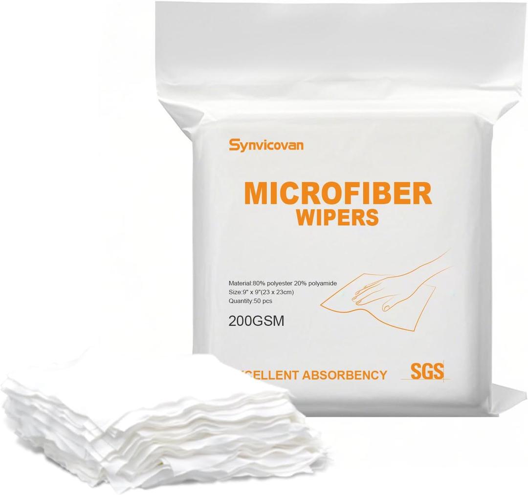 Microfiber Wipes 9"x9"(50 Pcs,Class 100, 200GSM) Superfine Lint Free Cloths Cleaning and Drying Cloths Reusable Ultra Absorbent for All Surface Types