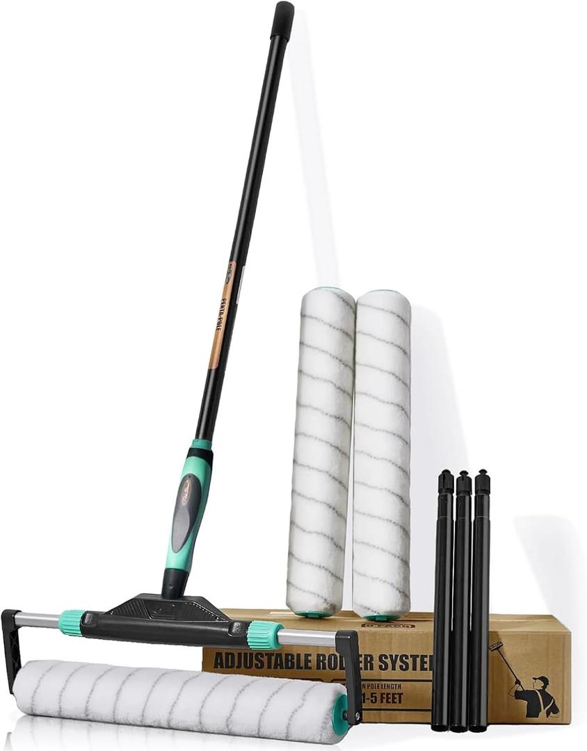 10pcs PinStone Large Paint Roller Kit, 12"-18" Adjustable Roller Frame, 1-5 Ft Steel Extension Pole, Ergonomic Handle, 3pcs 18" Nylon Roller Covers for Walls,Ceiling,Floor,Interior & Exterior Painting (Black and Green)