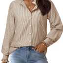 siliteelon Womens Striped Button Down Blouse Dress Casual Long Sleeve Shirt Ruffle Trendy V Neck Office Work Tops (L)