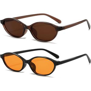 Retro Oval Sunglasses for Women Small Oval 90s Sunnies Trendy Narrow Cat Eye Vintage Shades 2 Pack