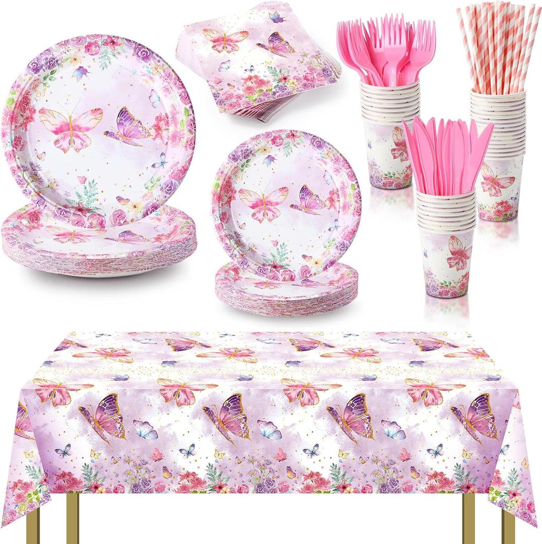 Buryeah 176 Pcs Butterfly Party Supplies Butterfly Plates Napkins Tablecloth Cups Straws Knives Forks Tableware Set for Baby Shower Birthday Decorations for Girl, Severs 25(Pink Purple)