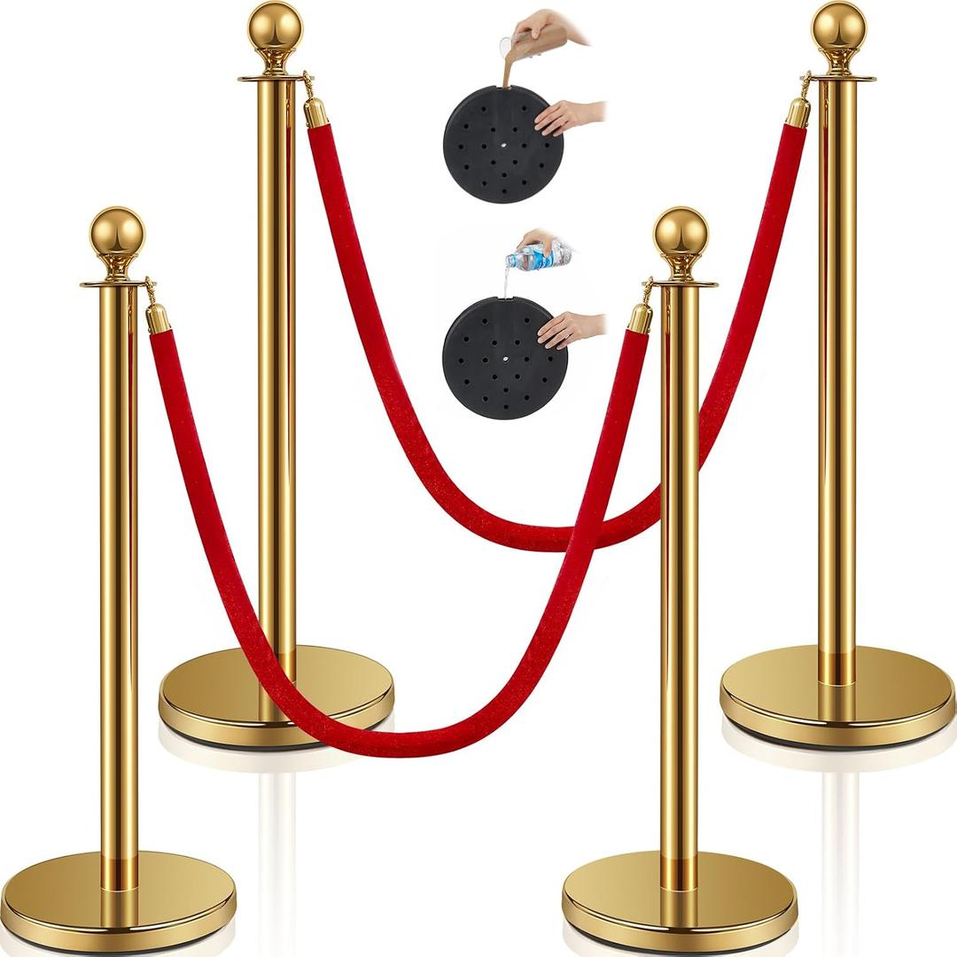 Ferraycle 4 Pcs 2026 Prom Stainless Steel Stanchion 5 ft Velvet Carpet Ropes and Pole Crowd Control Barriers Grand Opening Casino Movie Theme Party 360 Photo Booth Accessories (Gold)