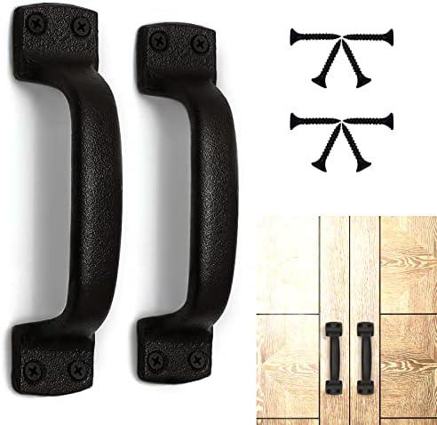 Keponbee Rustic Barn Door Handles Black Cast Iron Gate Handle Vintage Metal Solid Heavy Duty Sliding Door Handle Fence Cabinet Pull Grab Handle, Set of 2, 7 Inch
