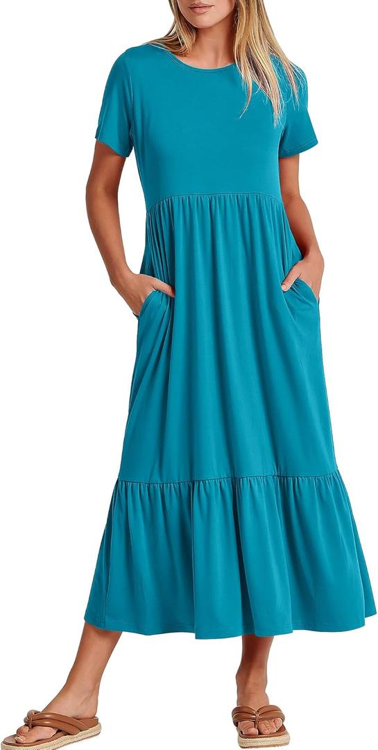 ANRABESS Women Summer Maxi Dress Short Sleeve Swing Casual Asymmetric Tiered Vacation Long Beach Sundress Outfits, X-Large