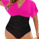 Blooming Jelly Women's Plus Size Swimsuit One Piece Bathing Suit Tummy Control Mesh V Neck Maternity Swimwear (X-Large, Hot Pink and Black)
