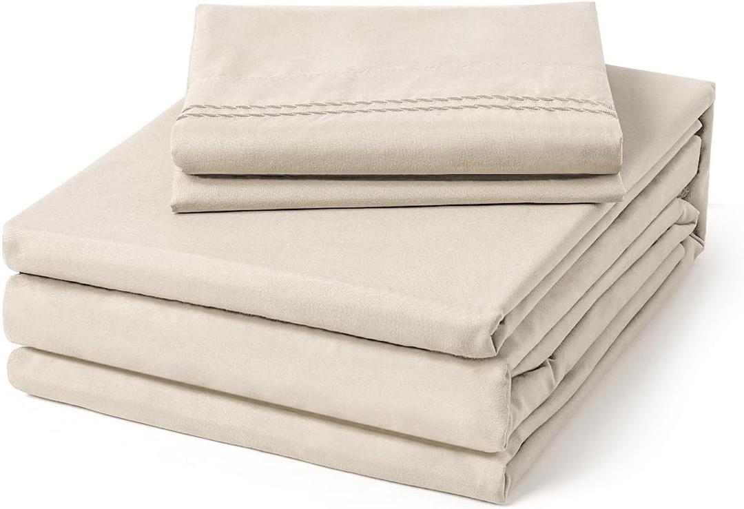 ClevaHome Twin Size Sheet Set - 4 Piece Soft Breathable Luxury Bed Sheet Set - Shrinkage & Fade Resistant Embroidered Bedding Sheet with Deep Pocket, 2 Extra Pillowcases (Twin, Oat Milk)